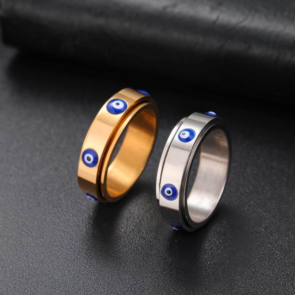 Blue Enamel Evil Eye Anxiety Rings Stainless Steel Spinning Rotate Fidget Ring Amulet Jewelry Gift for Men Women