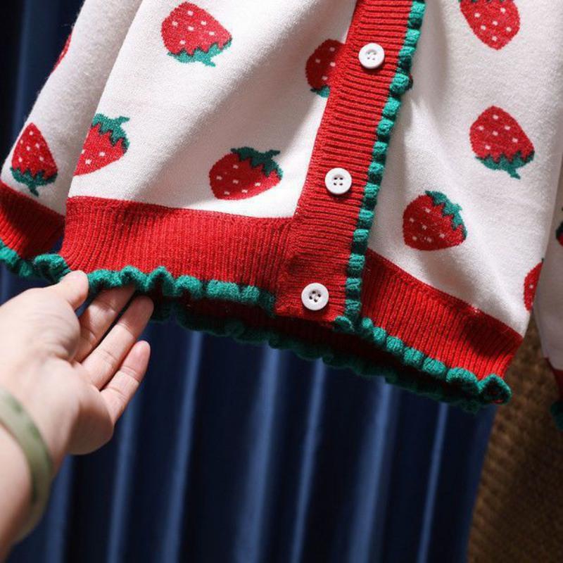 Girls Knitted Cardigan Button V-Neck Sweater With Cute Strawberry Jacquard Kids Long Sleeve Sweater