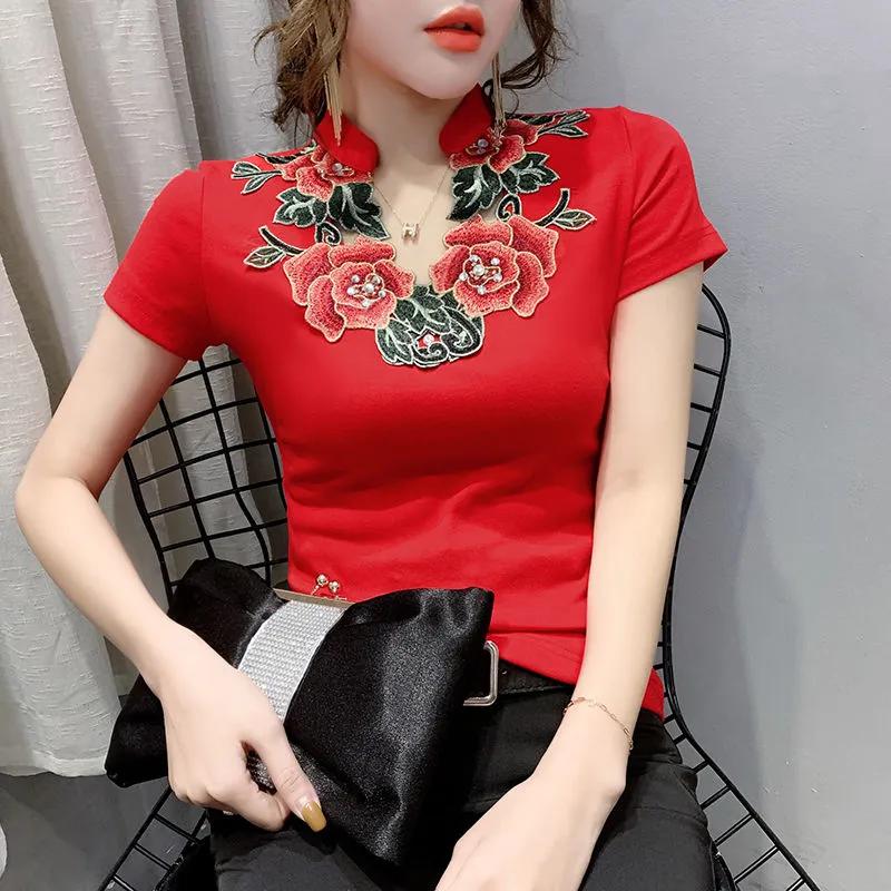 

Women Summer Chinese Style Embroidery Flower T Shirt V-neck Skinny Vintage Casual T Shirt 3XL червоний