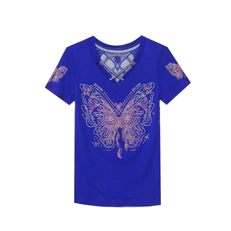Haut Femme Sexy de Haute Qualité avec Design Croisé en V Débardeur Brillant Papillon Diamants Chauds Été Marque Féminine Élastique Slim T-shirts en Maille
