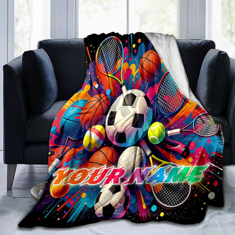 1PC Custom Name Sports Ball Celebration flannel blanket versatile,all-season throw suitable for the living room,bedroom,camping,travel,and gift