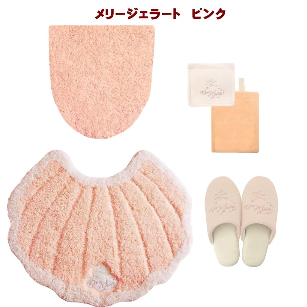 Okato Merry Gelato 4-Piece Pink Seashell Toilet Mat Set, Multi-Purpose, for Washing and Heated Toilet Use, Regular Toilet, Lid Cover, Paper Holder Cov