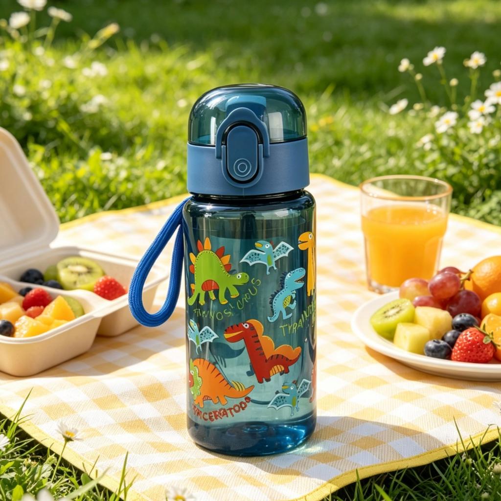 550ML Rainbow Dinosaur Elephant Printed Water Bottle, Fashion Portable Cup with Lanyard, Durable Lightweight Leakproof Large Cap