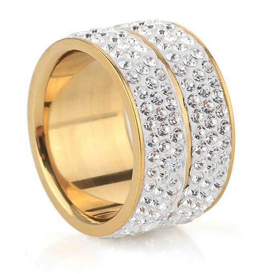 Stylish 12MM Stainless Steel Double Row Rhinestone Ring