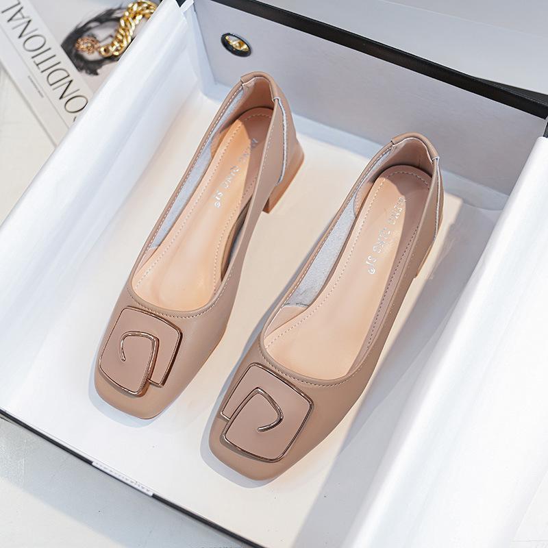 Fashion Elegant Ladies Office Dress Shoes Cow Leather Pumps Woman Medium High Heel Mary Janes Metal Button Loafers Femme Square Toe Shoe