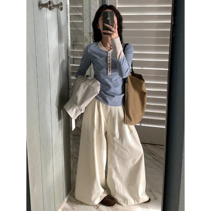 Color Matching Striped Button-up Henry Collar Bottoming Shirt Top Women's Autumn Front Shoulder Slim-fitting Long-sleeved Design Fashionable Shirt