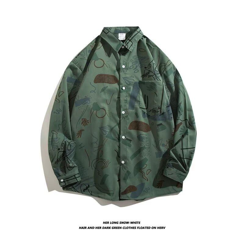 

2024 Весна и осень рубашка с длинным рукавом японский стиль Гонконг Ins свободная рубашка мужская летняя модная универсальная повседневная куртка 3XL зелёный