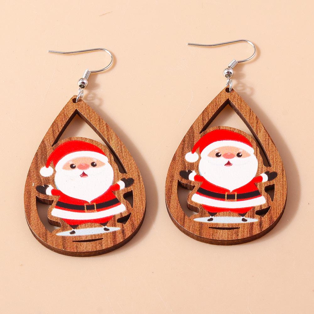 Santa Claus Water Drop Wooden Christmas Earrings – European and American Design
