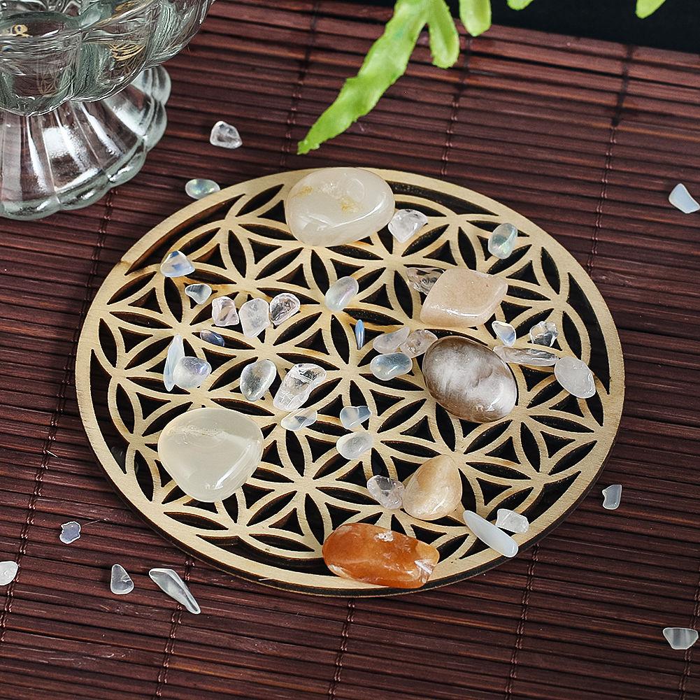 10pcs/lot Flower of Life Natural Symbol Wood Round Edge Circles Carved Coaster For Stone Crystal Set DIY Decor Mats Pads