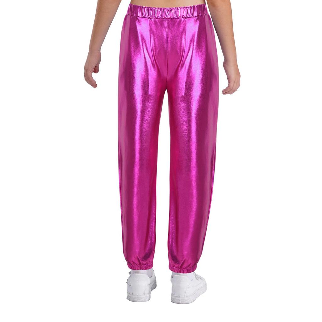 Pantaloni da Ragazza Metallizzati Lucidi Elastici a Vita Alta Tasche Pantaloni da Danza Hip Hop Streetwear Pantaloni della Tuta