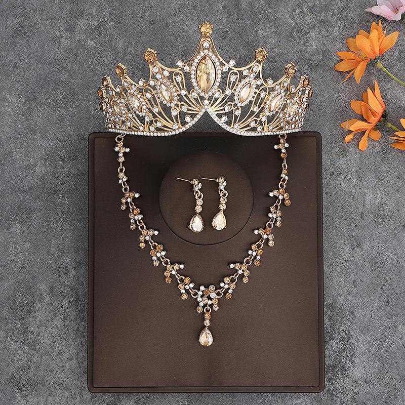 Korean Style Bridal Crown Three Piece Headdress  Wedding Dress Birthday Hair Accessories  Wedding Dress Accessories Necklace  Earrings