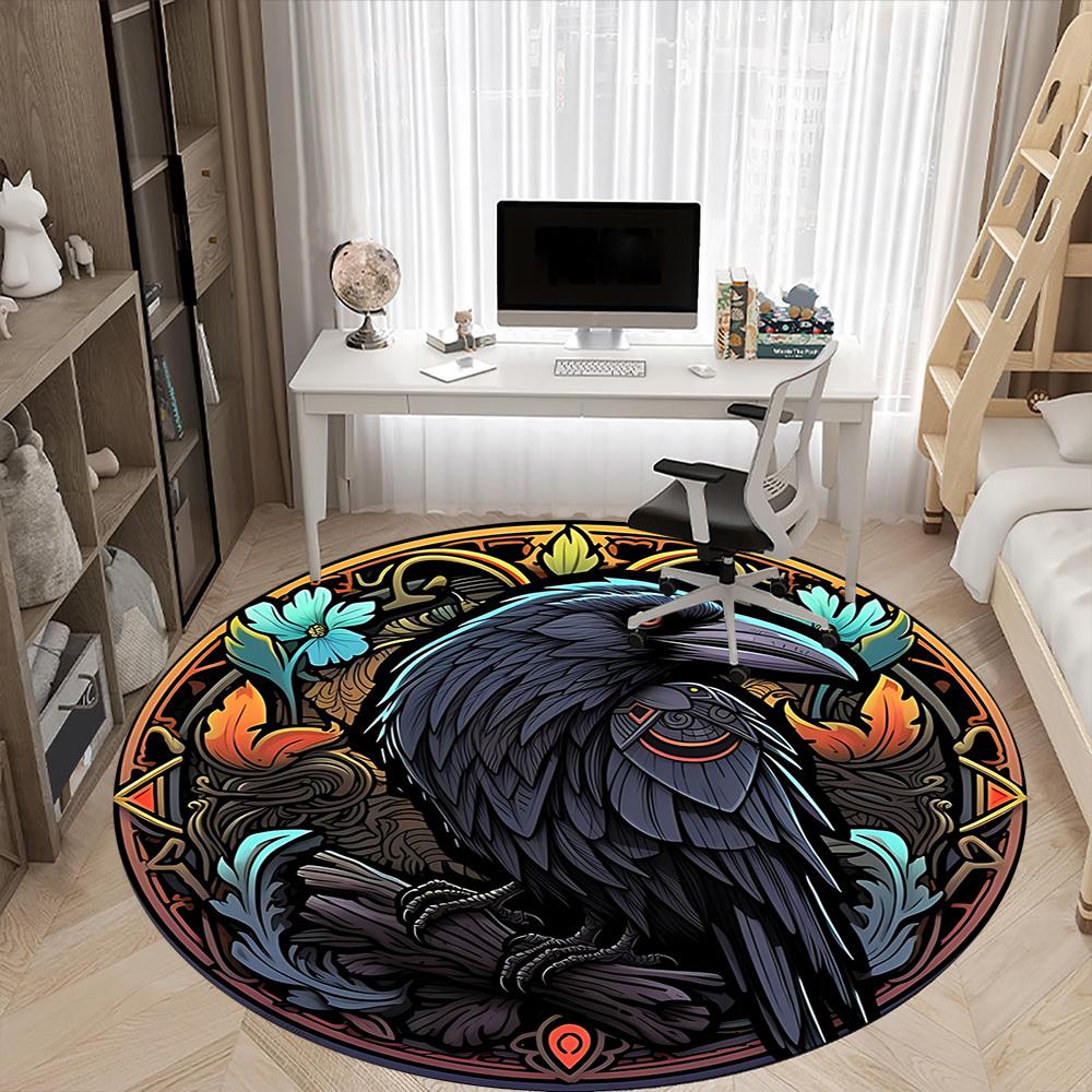 1pc Raven StainedGlass Office Round Area Rug, Under Office Chairs Bedroom Living Room Home Decor, Room Deco, Available in Various Sizes