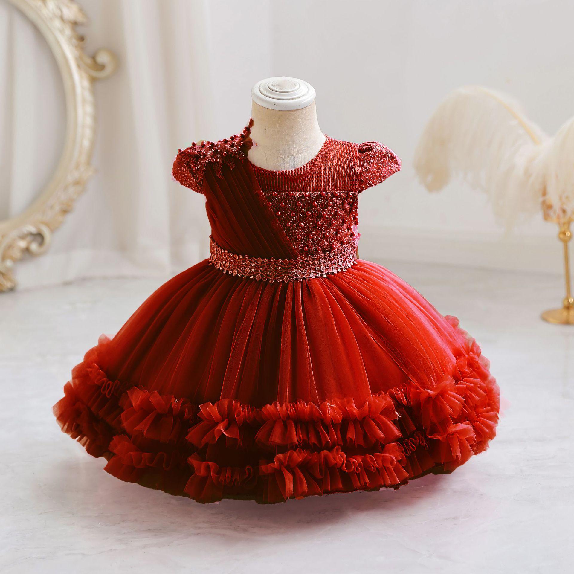 

New Baby Girl Puffy Tulle Cake Dress - One-Year-Old Princess Evening Gown 70 cm вина червоного кольору