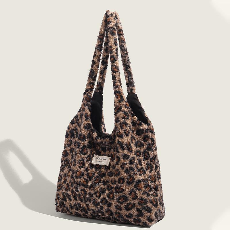 Leopard Print Fur Bag Women's New Winter College Style Tote Bag Large Capacity Japanese Single-shoulder Plush Bag