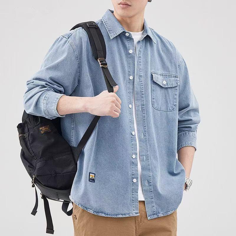 Męska koszula robocza z retro spranego denimu - Jednolity kolor, Długi rękaw, Luźny krój, Wiosna/Jesień