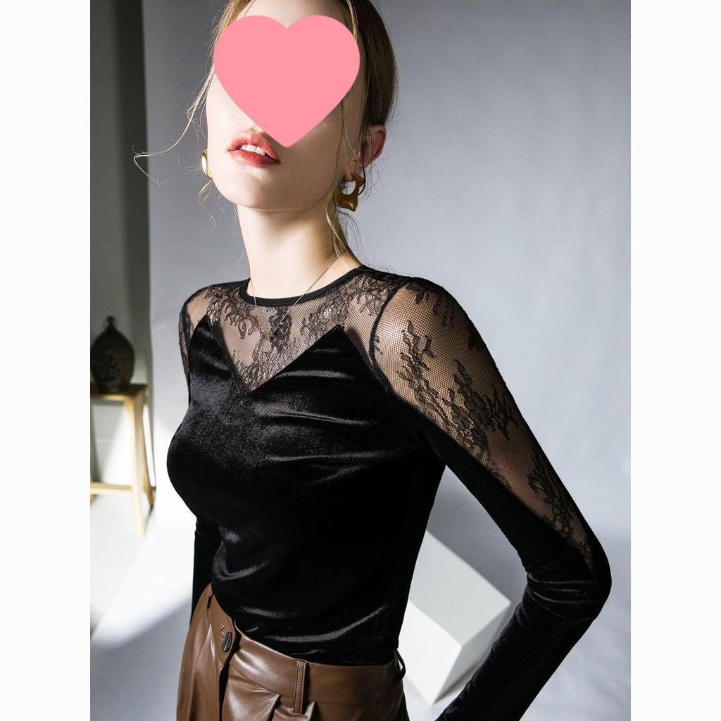 Velvet Lace Patchwork Cinched Waist Women's Top - Chic Autumn Layered Fashion Shirt