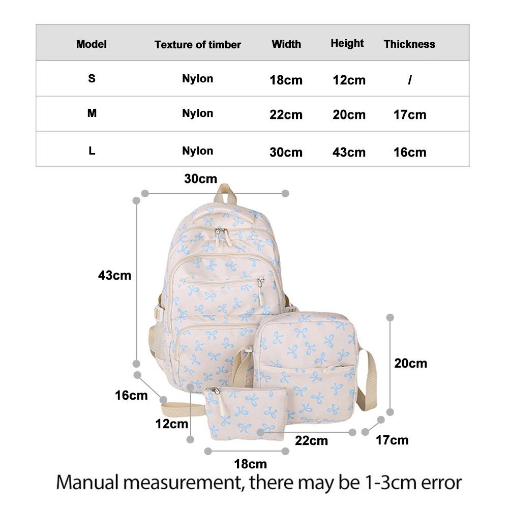 3Pcs/Set Fashion Large Capacity Bow Backpack Bow Print Nylon School Bag Adjustable Strap Student Backpack