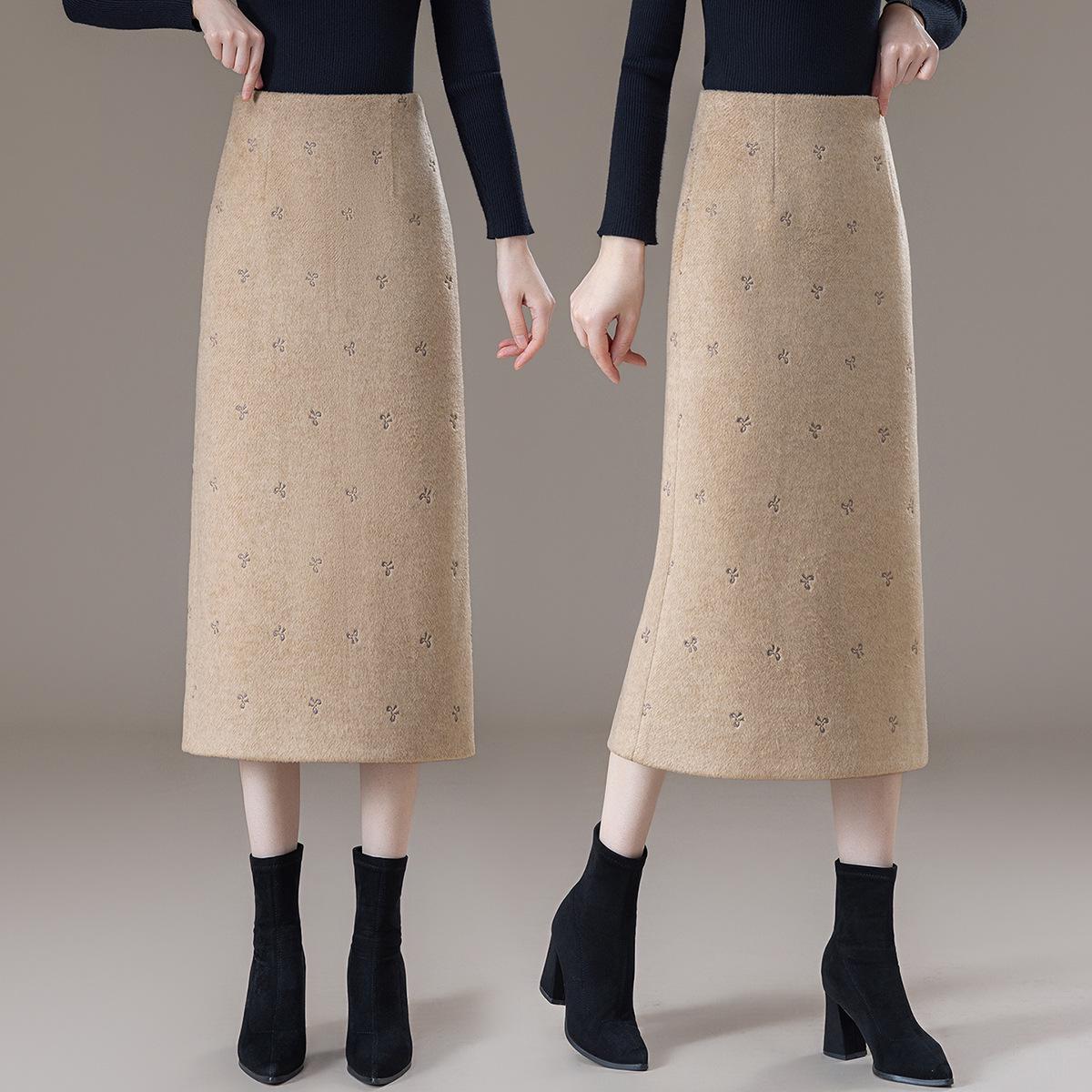 Women s Embroidered Woolen High-Waisted Midi Skirt – Stylish Autumn/Winter 2025 Hip-Hugging Design XL