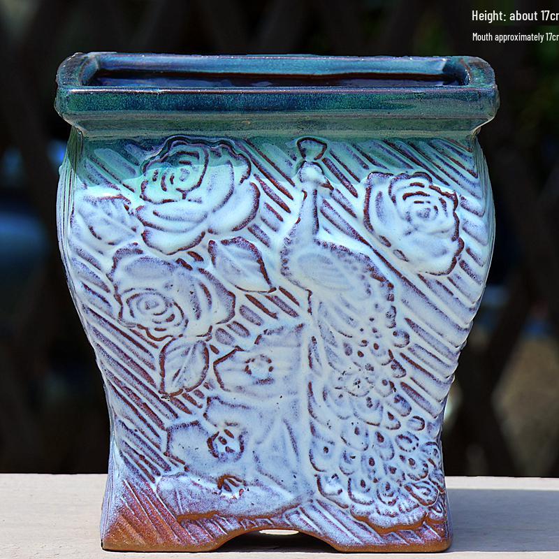 Creative Handmade Coarse Pottery Terracotta Pot - Large Square Glossy Glazed Planter with Low Breathable Rim for Succulents and Pothos