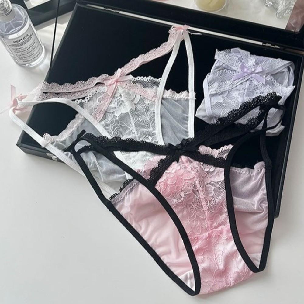 Transparent French Style Briefs Bow Lace Mesh Briefs Fashion Lace Flower Panties  Lady