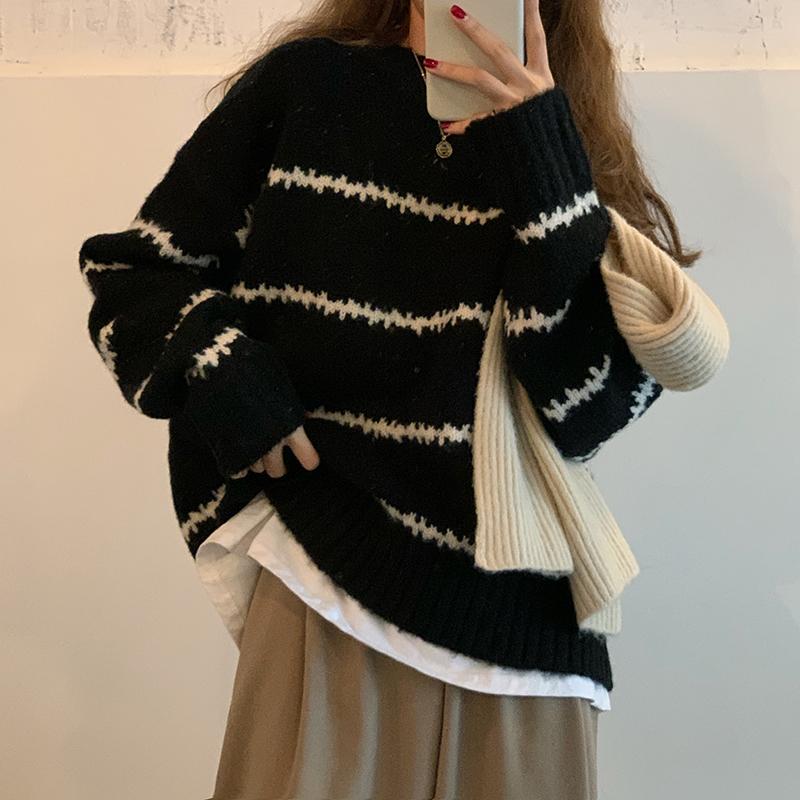 Autumn Winter Women Retro Sweater Casual Pullovers Basics Knitted Korean Loose Striped O-neck Long Sleeve Half High Neck Knitted Sweater