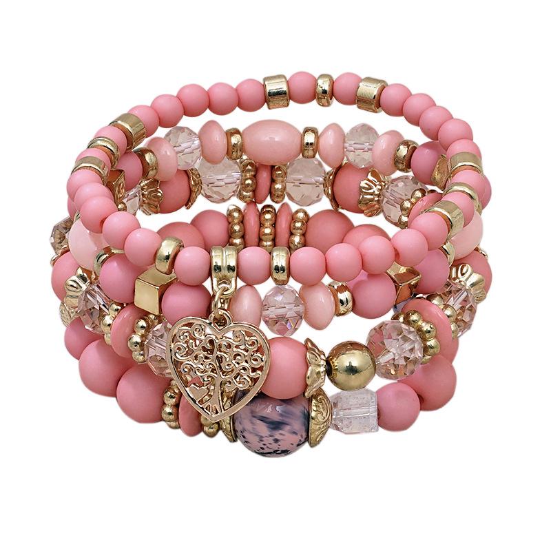 Bohemian Ethnic 4-Piece Bracelet Set: Multi-Layer Stackable with Peach Heart Tree Pendant & Acrylic Beads.