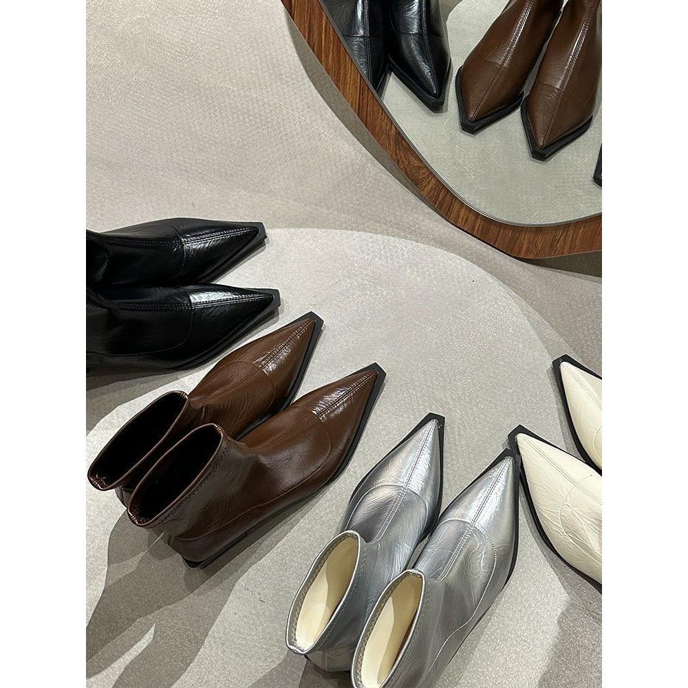 Dammode Franska Ankelstövlar med Tjock Klack 2025: Spetsig tå, Stretch, Mellanhög klack, Smickrande, Trendig design med kort skaft.