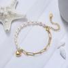 Pearl Jewelry 925 Silver Pearl Bracelet Heart Charm Paperclip Chain14K Gold Plated Freshwater Pearl Bracelet