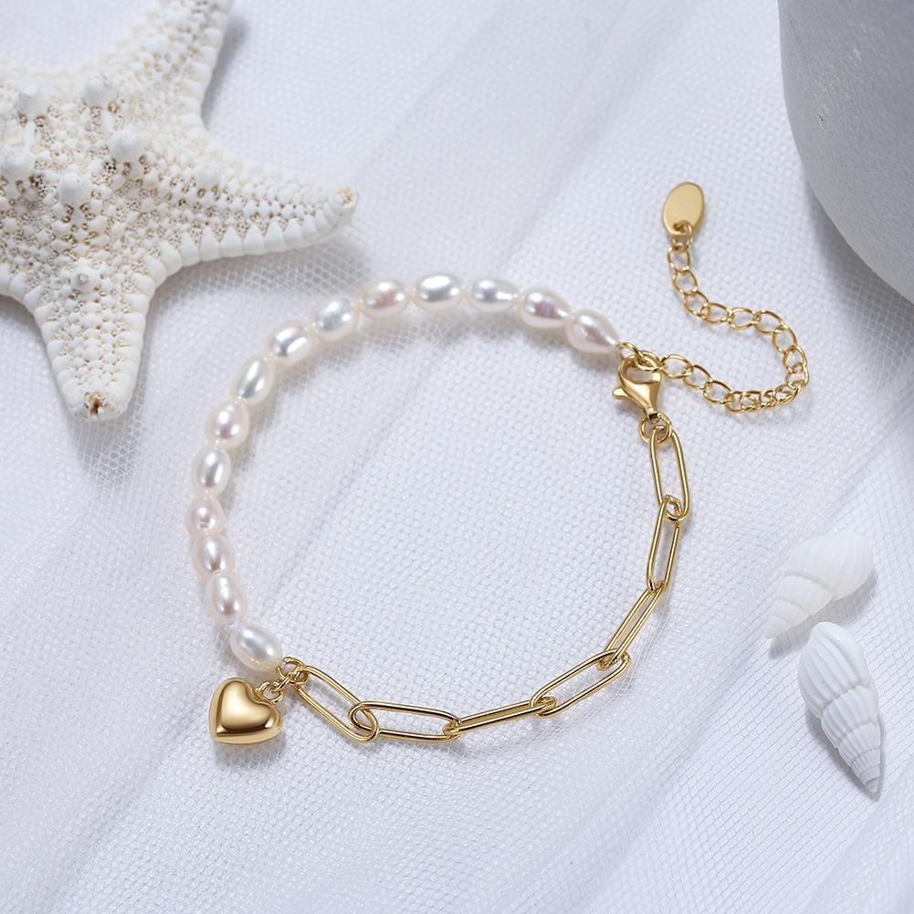 Pearl Jewelry 925 Silver Pearl Bracelet Heart Charm Paperclip Chain14K Gold Plated Freshwater Pearl Bracelet