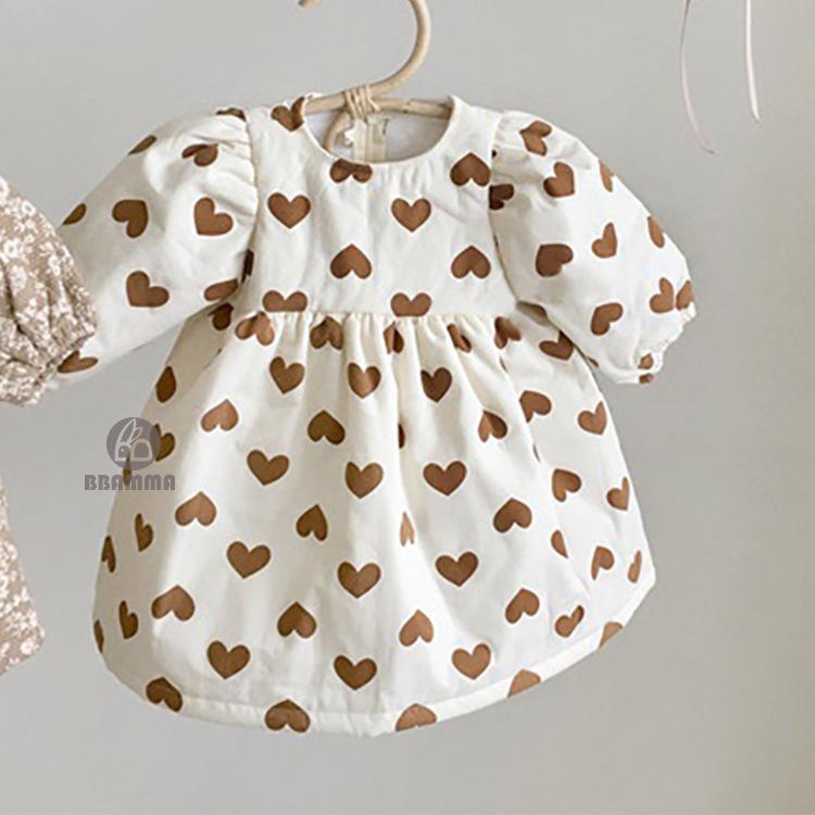 Clearance: Baby Heart Print Quilted Dress with Fur Collar - Long and Warm