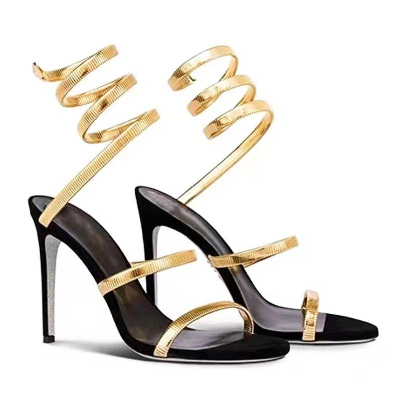 

Fashion Sexy High heels Sandals Women Ankle Snake Twine Around Party Dress Banquet Shoes Ladies Summer Thin heeled Gladiator Sandals 35