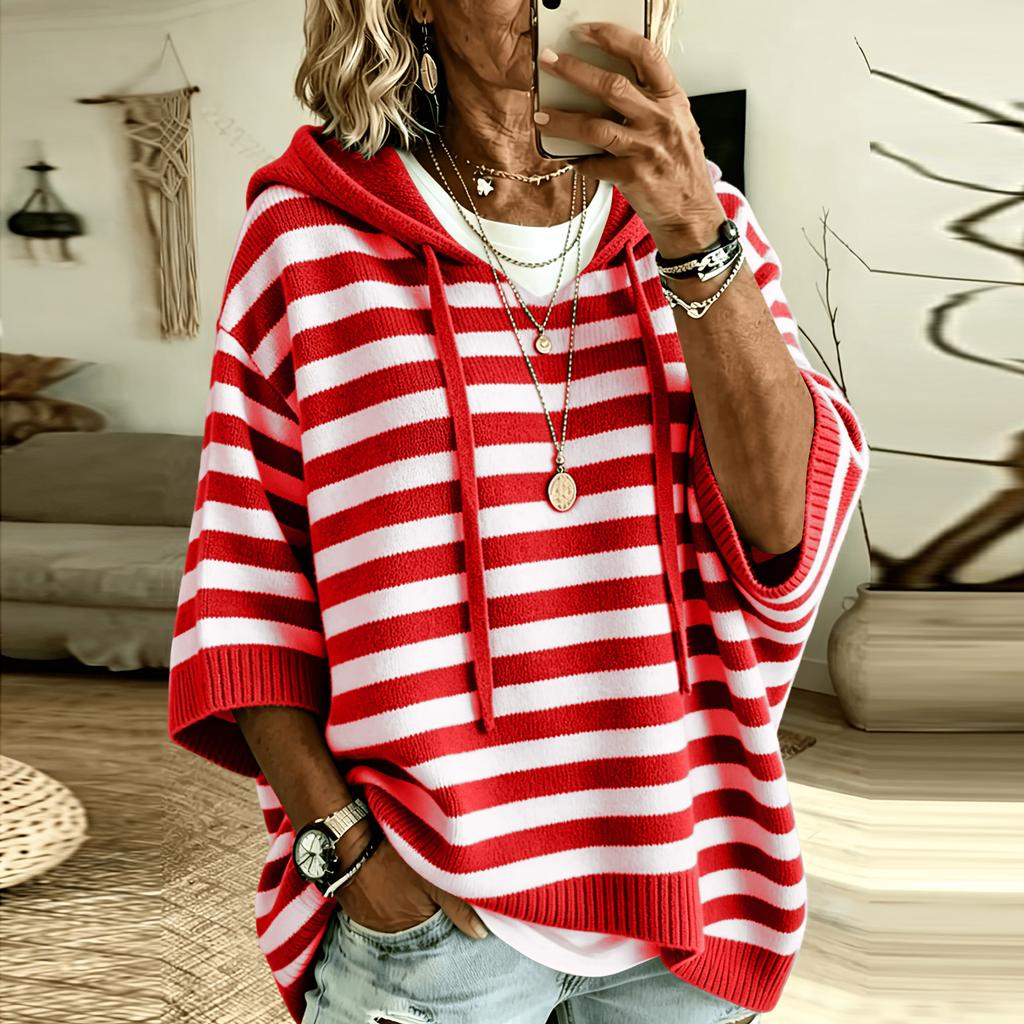 Women's Striped Hooded Knit Sweatshirt with Drawstring