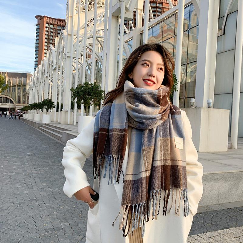 Plaid scarf women's autumn and winter versatile imitation cashmere thickened warm fringed scarf shawl