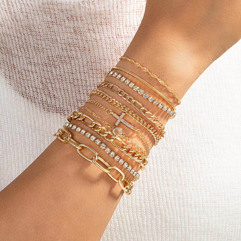 10 Pieces of Personalized and Versatile Geometric Thick Chain Cross Bracelet, Multi-layer Stacked Zircon Bracelet Set