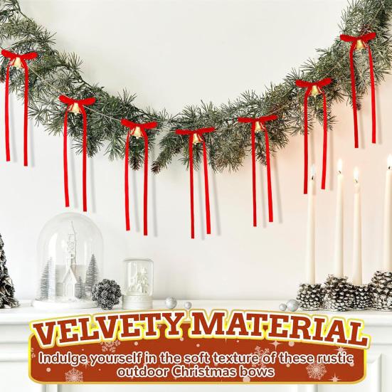 12 ks Sametových mašlí s rolničkou Vintage Vánoční stuhové mašle na girlandu, věnec, vánoční stromek