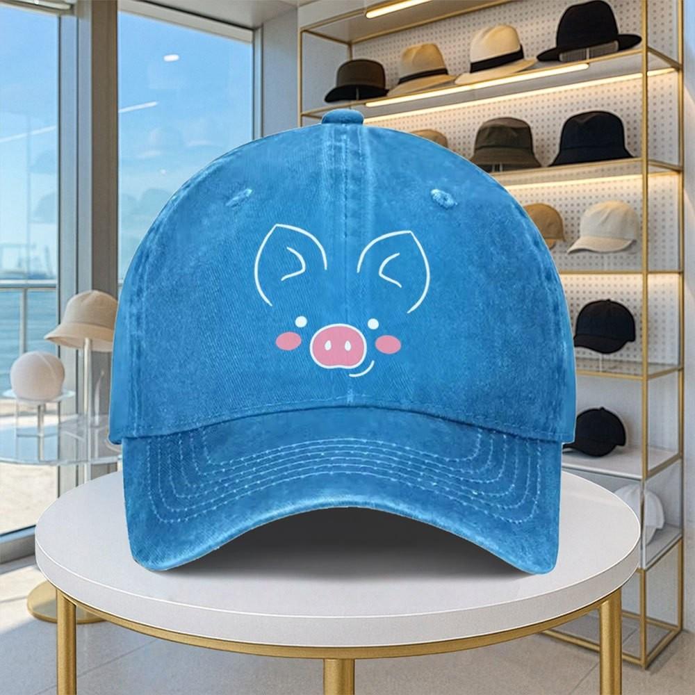 Cute Pig Face Baseball Cap Distressed Denim Snapback Hat Adjustable Casual Sun Hat for Unisex