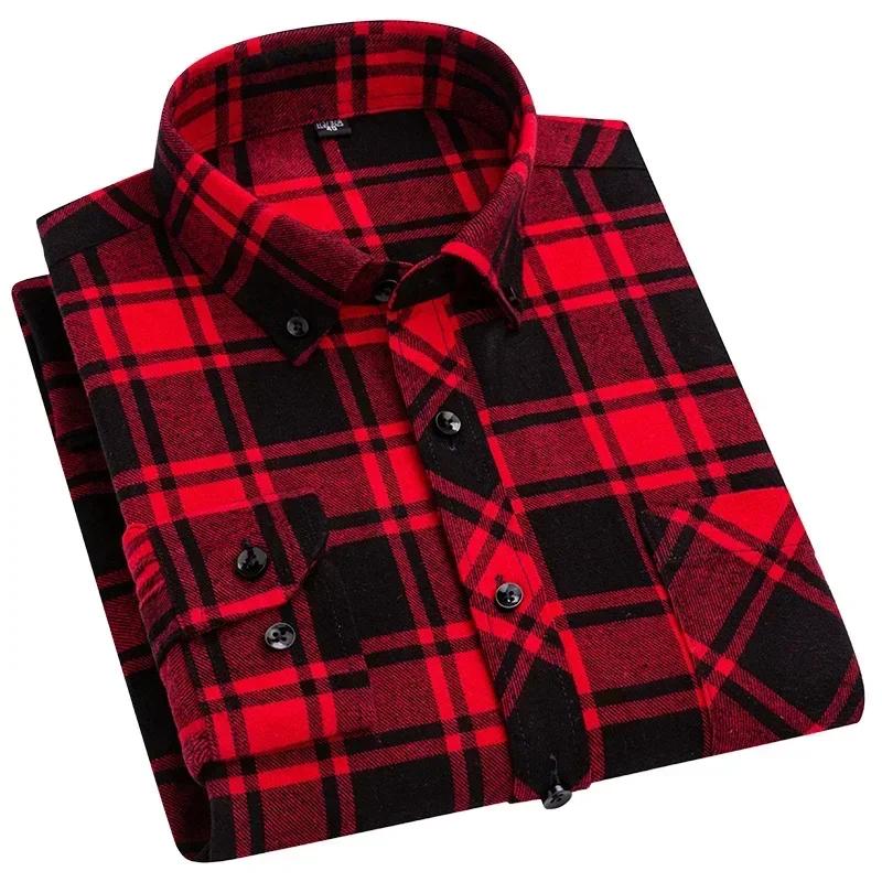 Herbst Dickes Flanellhemd Karomuster Hemden Standard-Passform Für Herren Langarm Reine Baumwolle Mode Einzelnes Aufgesetztes Taschendesign Jung