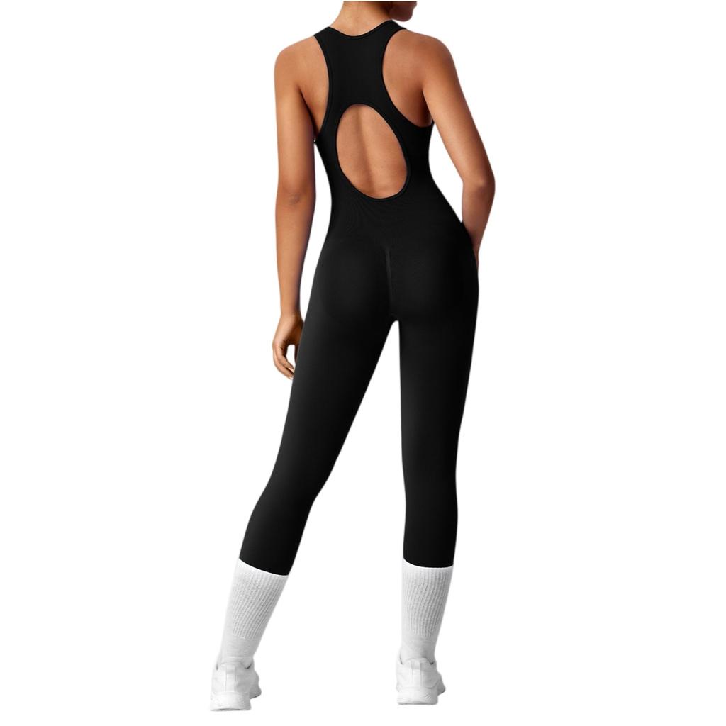 Tuta da Yoga da Donna alla Moda Monocolore Girocollo Schiena Stretta Tuta da Yoga