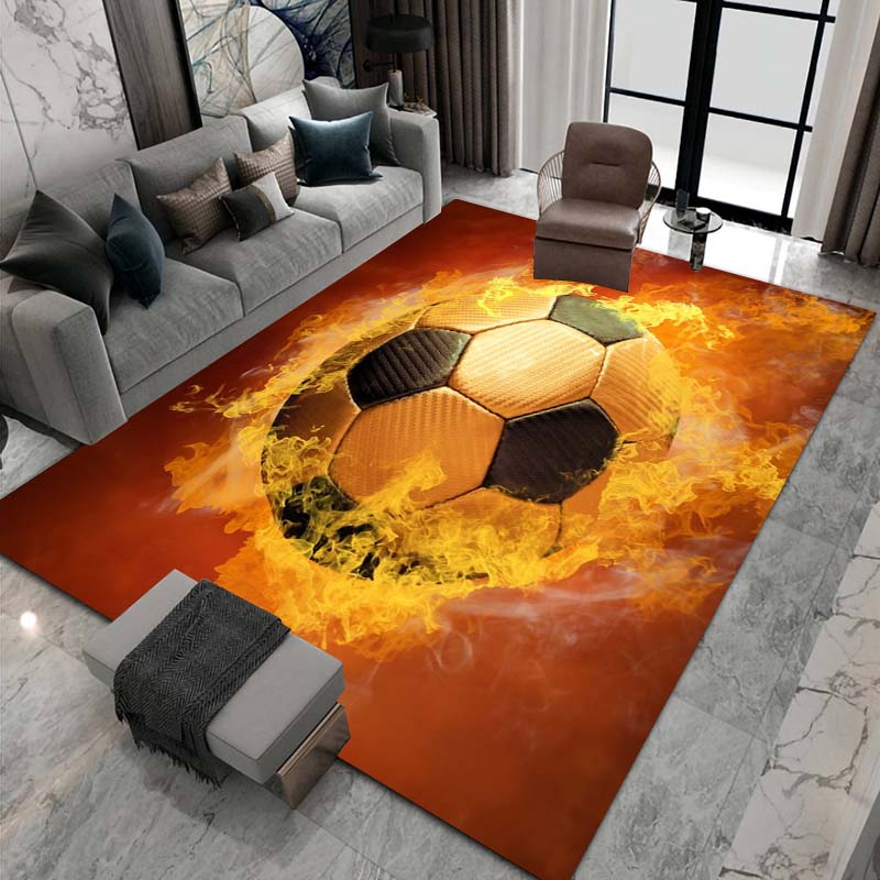 3D Flame Soccer Pattern Rug, Suitable for Living Room Home Décor, Children's Play Area Rug, Non-slip Area Rug, Bedroom Mat.