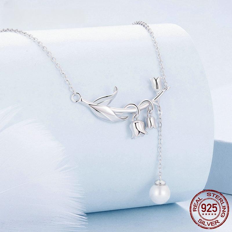 Colier cu pandantiv din argint S925 cu lăcrămioară, lanț pentru gât cu flori de perle, pentru femei, bijuterii fine de petrecere