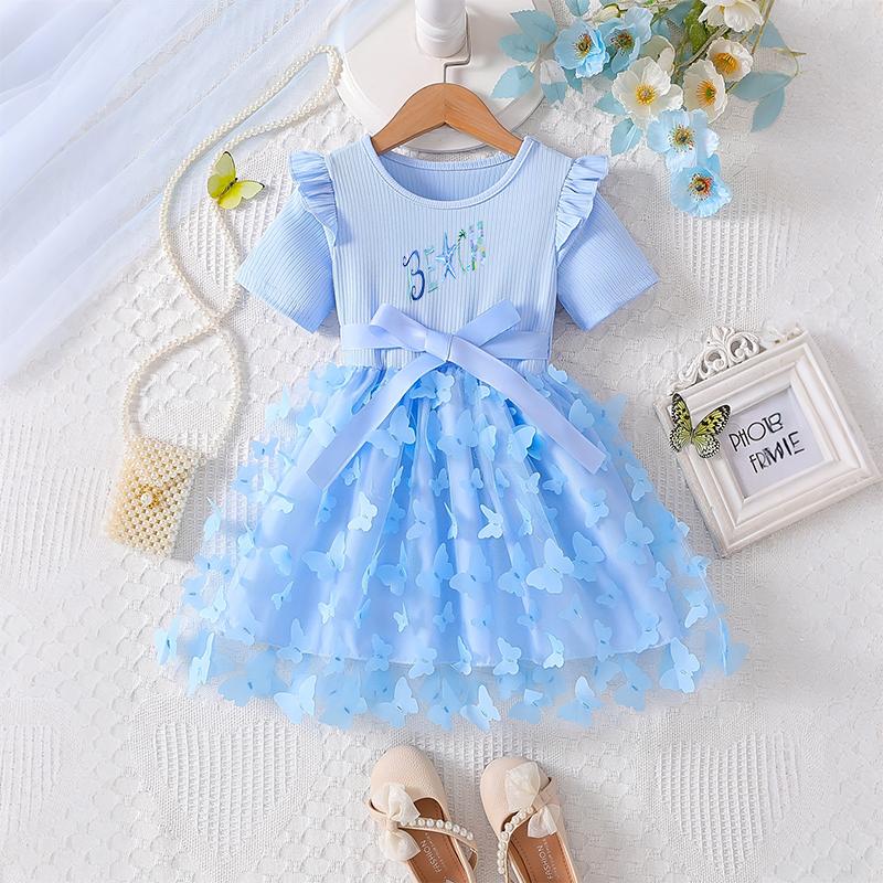 Girls Butterfly Tulle Dress, Art Print,Cute Princess Party Dress with Bow, Short Sleeve Summer Dress for Little Girls