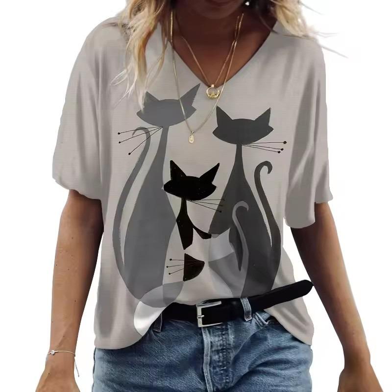 Cartoon Cat Women's T-shirts V-Neck Cute Cat 3D Print Short Sleeve Summer Kawaii Fashion Casual Tee Shirts Funny Femininity Clothes