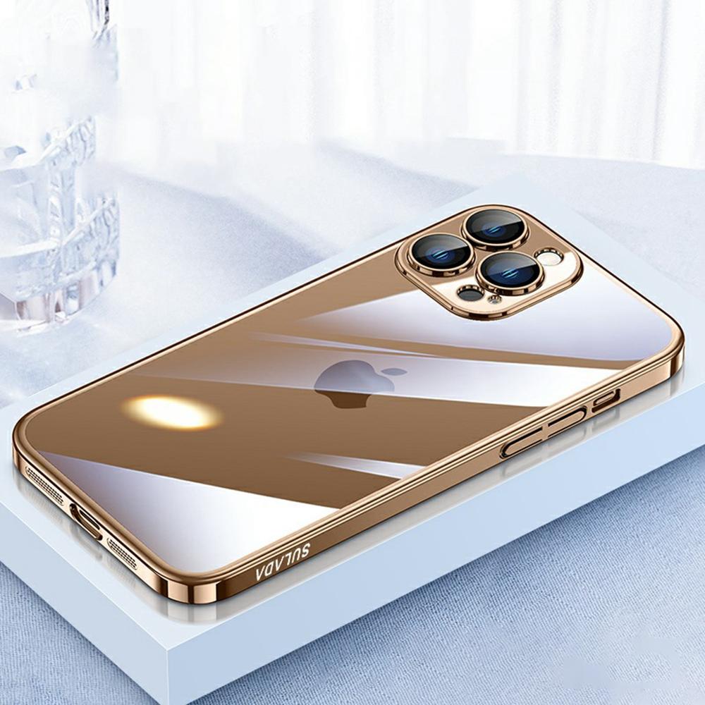

SULADA JINGJIA Series For iPhone 16 Pro Max Clear Case Electroplating Hard PC Phone Case with Lens Film Gold