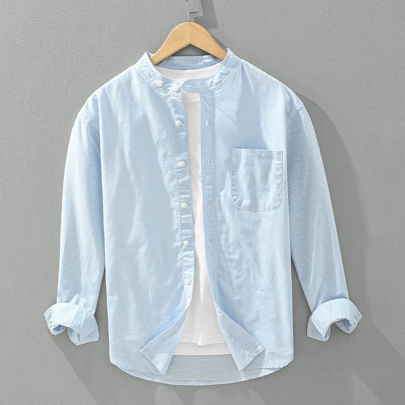 Japanese-Style Casual Cotton-Linen Stand-Collar Long-Sleeve Shirt for Men, Loose and Breathable Linen Top for Spring and Autumn