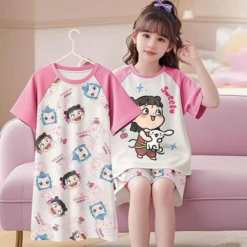 Three-Piece Girls' Pajama Set: Short Sleeve, Long Pants, Lightweight Sleepwear for Kids