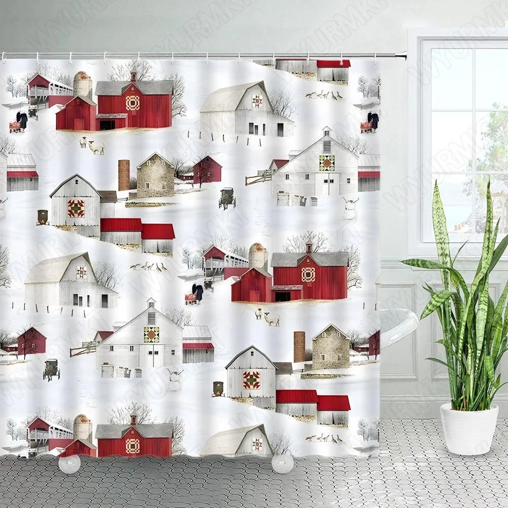 Set Cortină de Duș Schi de Iarnă, Cortine de Baie Moderne cu Stațiune de Schi, Munte Înzăpezit, Pădure de Pini, Albastru Decorațiuni de Crăciun pentru Baie