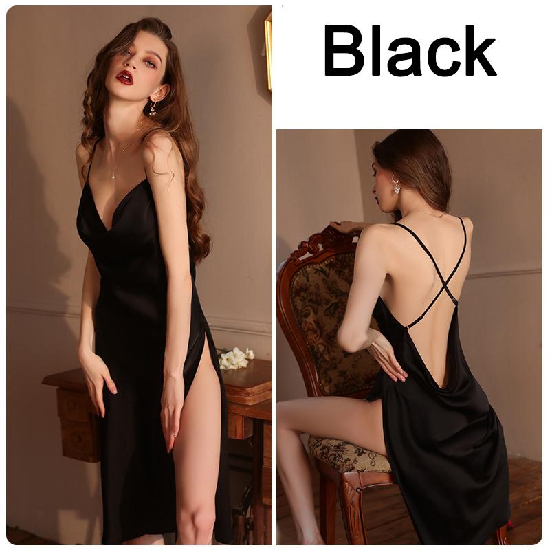 

Жіноча нічна сорочка з високим розрізом і глибоким V-подібним вирізом, шовковий атлас, жіноча піжама з квітками та слінгом M чорний