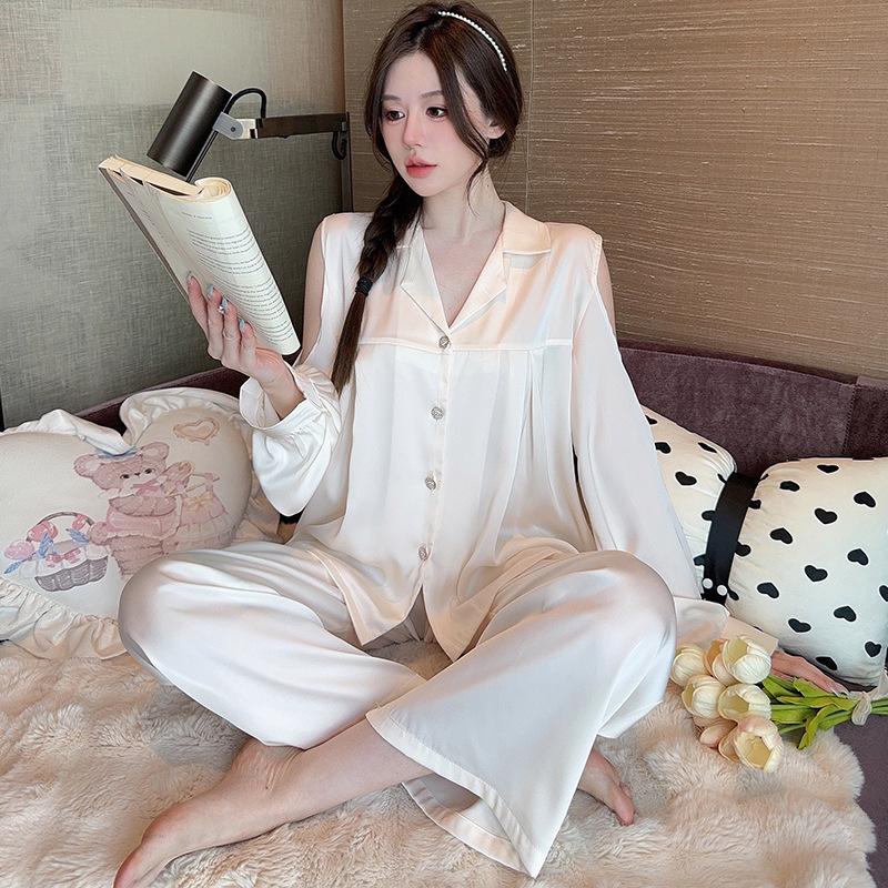 1011 New Ice Silk Pajamas Women's Hollow Shoulder Set Solid Color High-end Long-sleeved Trousers Loungewear Can Be Worn Outside