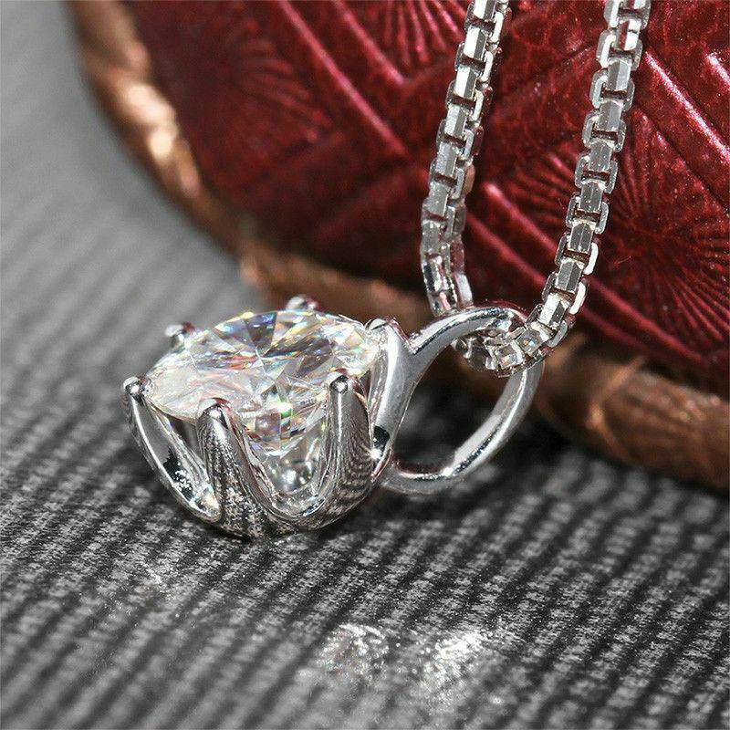 Silver Plated 6-Prong Round CZ Solitaire Pendant Necklace, Classic Brilliant Cut Box Chain Necklace for Women