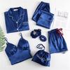 7-teiliges Pyjama-Set aus Eisseide mit mehreren Übereinstimmungen, Damen-Druck, modisch, langärmelig, Nachthemd und Shorts